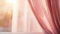 Dreamy image of a pastel-pink curtain on a sunlit window, interior abstract background.