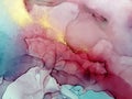 Abstract fluid art painting. Transparent overlayers of alcohol inks of purple and maroon and blue ombre colors. Splash of gold. Royalty Free Stock Photo