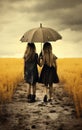 Dreamy Land Art: Two Young Girls Under A Single Umbrella