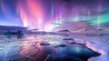 A dreamy landscape of ice and snow with the vibrant colors of the Aurora Borealis dancing above creates the perfect