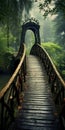 Dreamy Landscape: Old Dark Wooden Bridge In The Forest