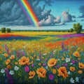 Dreamy Landscape: A Painted Field of Flowers Basking Under a Rainbow Royalty Free Stock Photo