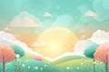 Dreamy landscape with radiant sun, fluffy clouds, and colorful trees