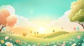 Dreamy landscape with radiant sun, fluffy clouds, and colorful trees