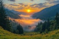 A dreamy landscape of rolling mist in a mountain valley at the break of dawn. Royalty Free Stock Photo