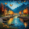 A dreamy landscape with small village, riverside, butterflies, boats, lamp on road, mountain, painting art, fantastic