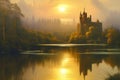 Dreamy landscape with sun rising over castle by a forest lake. Amazing 3D landscape. Digital illustration. CG Artwork Royalty Free Stock Photo