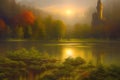 Dreamy landscape with sun rising over castle ruins by a forest lake. Amazing 3D landscape. Digital illustration. CG Royalty Free Stock Photo