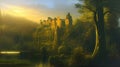 Dreamy landscape with sun rising over castle ruins by a forest lake. Amazing 3D landscape. Digital illustration. CG Royalty Free Stock Photo