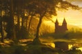 Dreamy landscape with sun rising over castle ruins by a forest lake. Amazing 3D landscape. Digital illustration. CG Royalty Free Stock Photo