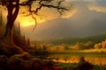 Dreamy landscape with sun rising over forest lake. Amazing 3D landscape. Digital illustration. CG Artwork Background Royalty Free Stock Photo