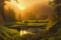 Dreamy landscape with sun rising over forest lake. Amazing 3D landscape. Digital illustration. CG Artwork Background Royalty Free Stock Photo