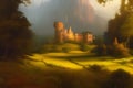 Dreamy landscape with sunrise glow over castle ruins in the forest. Amazing 3D landscape. Digital illustration. CG