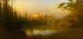 Dreamy landscape with sunrise glow over castle ruins by a forest lake. Amazing 3D landscape. Digital illustration. CG