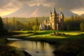 Dreamy landscape with sunrise over castle by a forest lake. Amazing 3D landscape. Digital illustration. CG Artwork