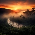 Dreamy landscape of tropical jungle with river during sunrise Generative AI