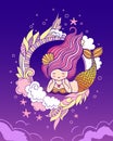 Dreamy lying mermaid with an iridescent golden tail on violet bacground.