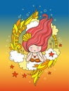 Dreamy lying mermaid with wavy red hair on a rainbow background.