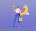 Dreamy man collecting stars in bag, standing near moon. Millennial guy dreaming and making wish. Concept of relaxation, dream