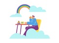 Dreamy man soar in clouds and rainbow during breakfast, flat vector illustration isolated on white background.