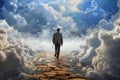 Dreamy Man walk over clouds. Generate Ai