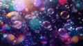 A dreamy and mesmerizing view of colorful bubbles slowly floating upward in a vast dark unknown abyss of water