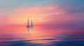 A dreamy minimalist background featuring a solitary sailboat on a calm ocean, surrounded by a soft pastel-colored sunset, the
