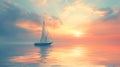 A dreamy minimalist background featuring a solitary sailboat on a calm ocean, surrounded by a soft pastel-colored sunset, the