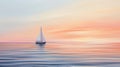 A dreamy minimalist background featuring a solitary sailboat on a calm ocean, surrounded by a soft pastel-colored sunset, the