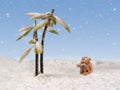 Dreamy monkey looks at the snow falling from the sky near the snow-covered palm trees