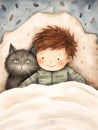 A drawing of a boy lying in bed with a cat Royalty Free Stock Photo