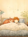 A drawing of a boy lying in bed with a cat Royalty Free Stock Photo