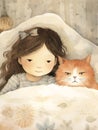 A drawing of a girl lying in bed with a cat Royalty Free Stock Photo