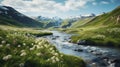 Dreamy Mountain River With Green Grass And Flowers