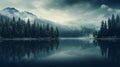 Dreamy Mountain Scene: Serene Lake, Tall Pine Trees, Snow-capped Mountains