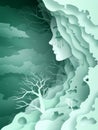 Dreamy Nature Landscape in Paper Cut Art Style Tranquil Woman Silhouette and Tree Design