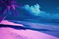 Dreamy Neon Tropical Beach with Palm Trees under Vibrant Sky. Royalty Free Stock Photo