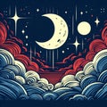 A dreamy night sky with crescent moon, splashing rolling clouds, apparel printing design, wallpaper, digital anime art, fantasy