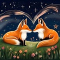 A dreamy night sky filled with shooting stars, two foxes share a cuddle on a grassy hill, heart-shaped patterns, flowers arounds