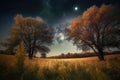 dreamy night sky, with the moon and stars shining brightly, surrounded by trees in a harvest moon landscape