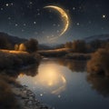A dreamy nightscape with a golden moon illuminating the sky. Stars twinkle brightly, and a serene river - 1