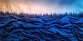 Dreamy nightscape with starry sky, forest silhouette, and blue fabric waves Royalty Free Stock Photo