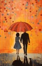 Dreamy Orange And Gold Couple Holding Umbrella Painting