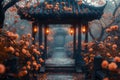 Dreamy oriental gazebo with orange flowers glow Royalty Free Stock Photo