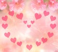 Dreamy pale pink gradient background with roses flowers and heart frame merging in a pastel colored flower composition. Floral Royalty Free Stock Photo