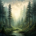 dreamy pine forest nature landscape background Royalty Free Stock Photo