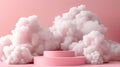 Dreamy pink cloud podium with white display platform, pastel abstract stage, 3d render studio