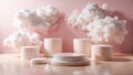 Dreamy pink setting with cylindrical display stands and fluffy clouds. Generative AI Royalty Free Stock Photo