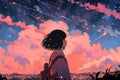 A Dreamy Pink Sky, Stars Surrounding A Wistful Anime Girl