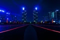 Dreamy night view of zhengzhou east station square and green space twin towers